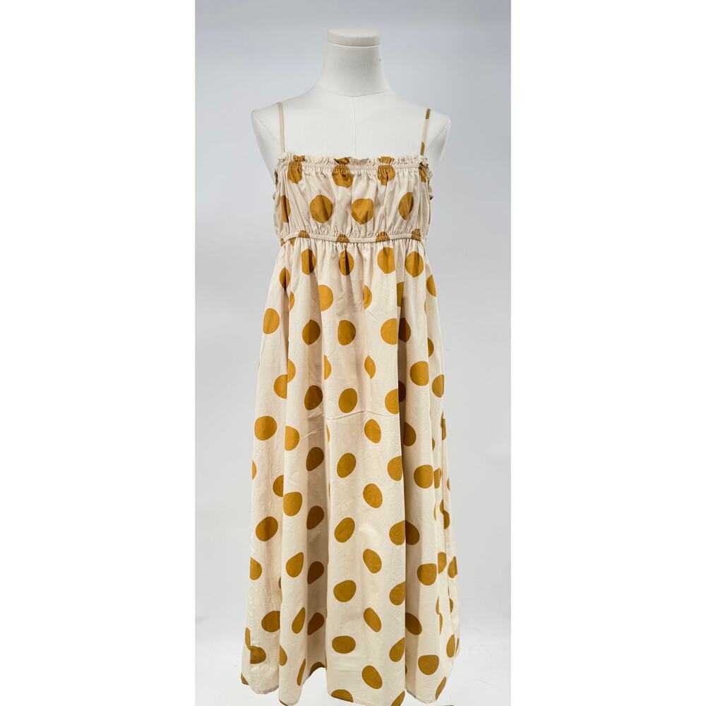 English Factory Polka Dot Dress Cream Yellow Midi Strapless Cotton Sundress L